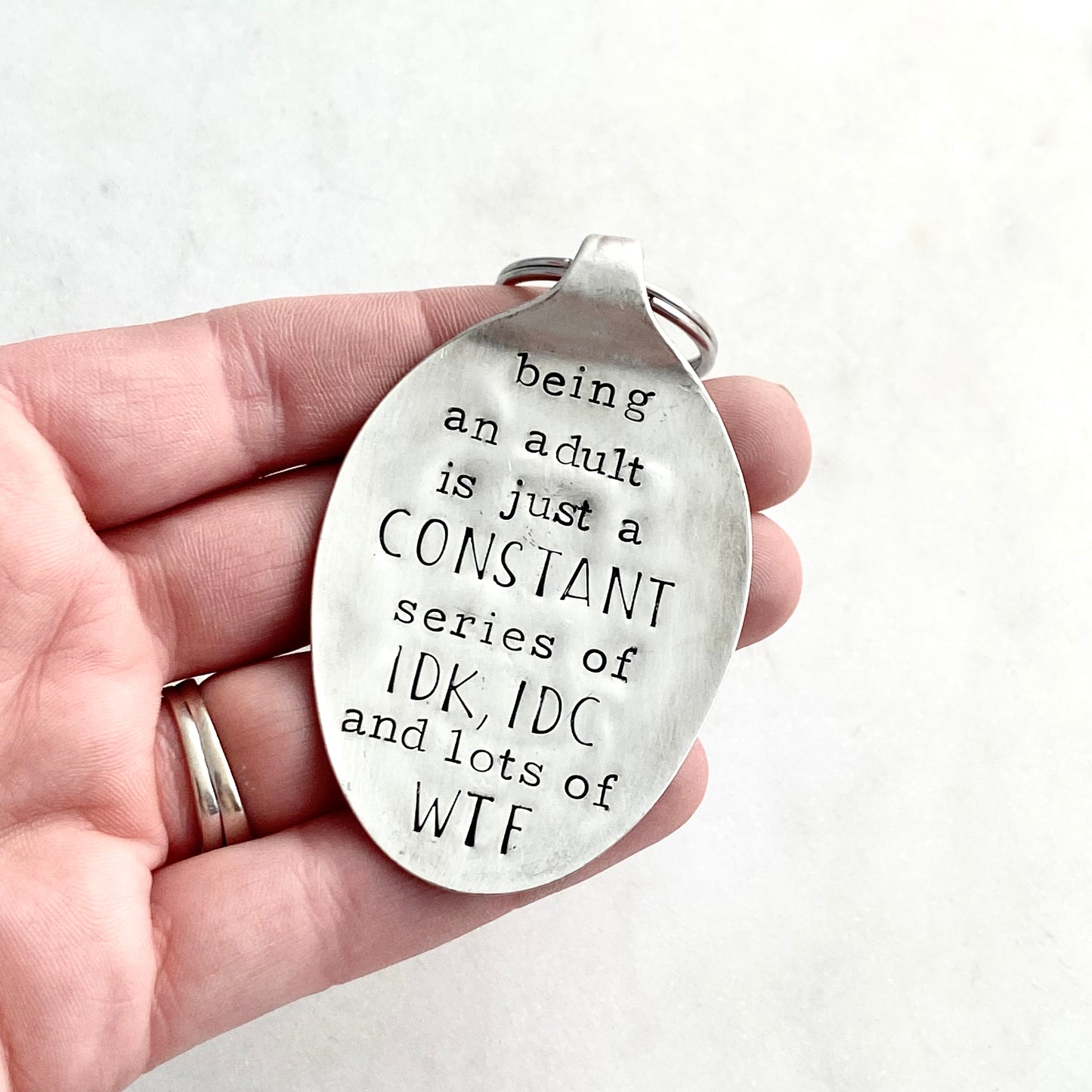 Being an Adult..., Hand Stamped Vintage Spoon Keychain Keychains callistafaye   