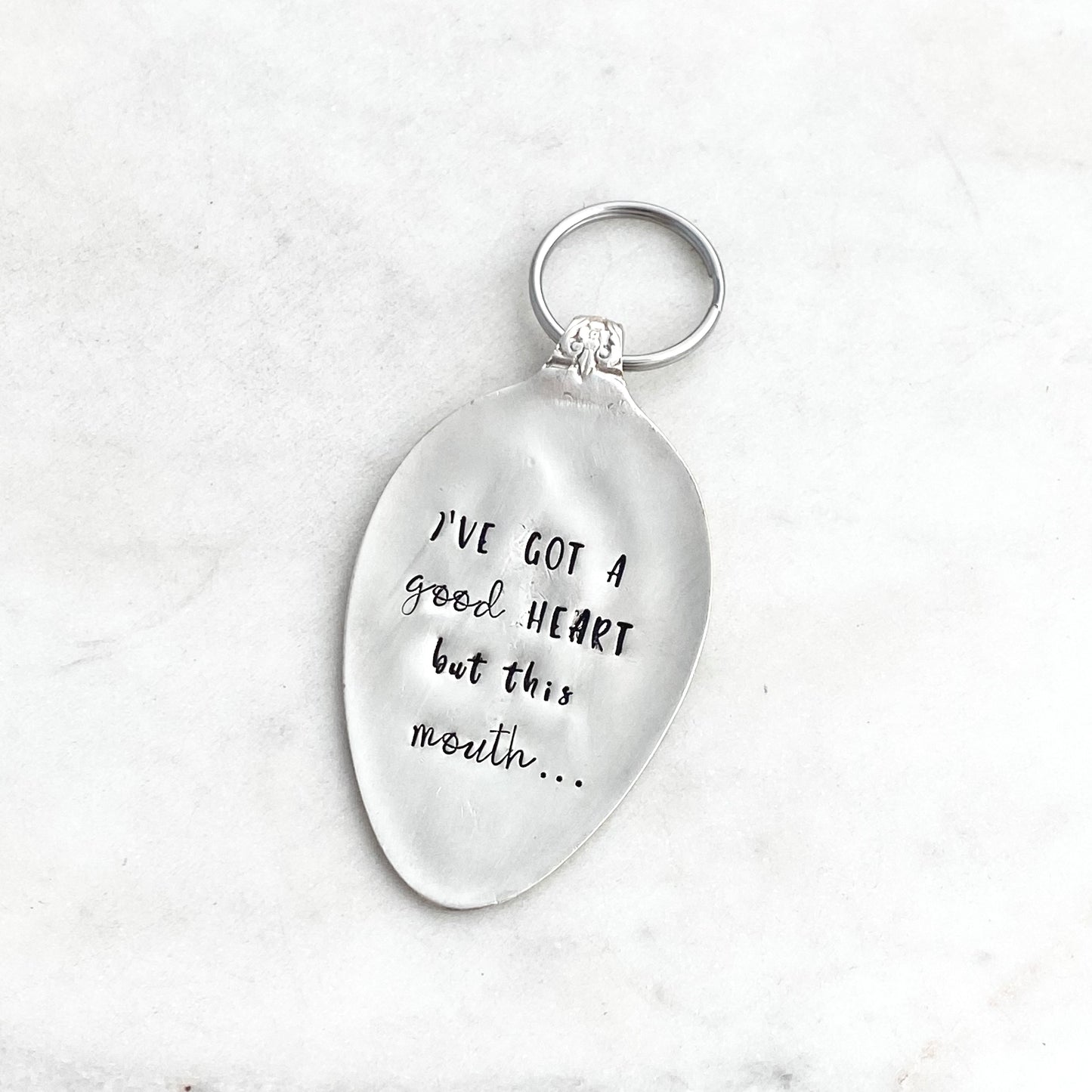 I've Got a Good Heart but This Mouth..., Hand Stamped Vintage Spoon Keychain Keychains callistafaye   