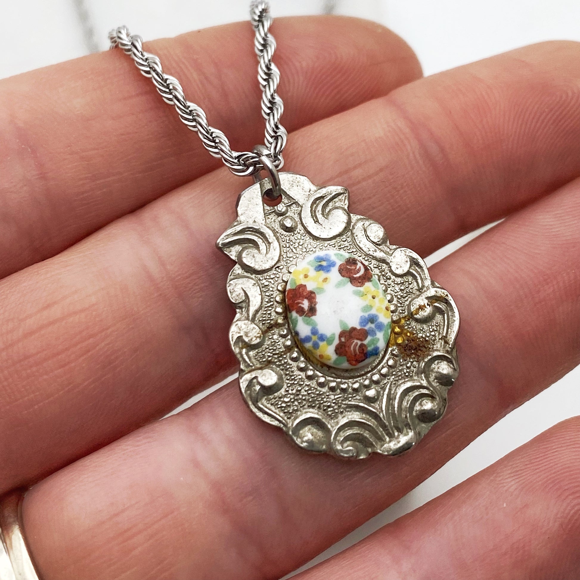 Floral Wreath Pendant, Flower Jewelry, Reclaimed Collector's Spoon