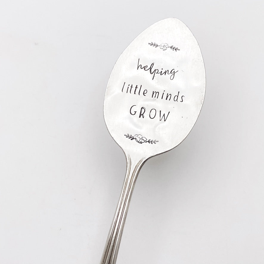 Helping Little Minds Grow, Plant Marker, Teacher Gift, Vintage Spoon Plant Stake, Hand Stamped Houseplant Decor Plant Stake callistafaye