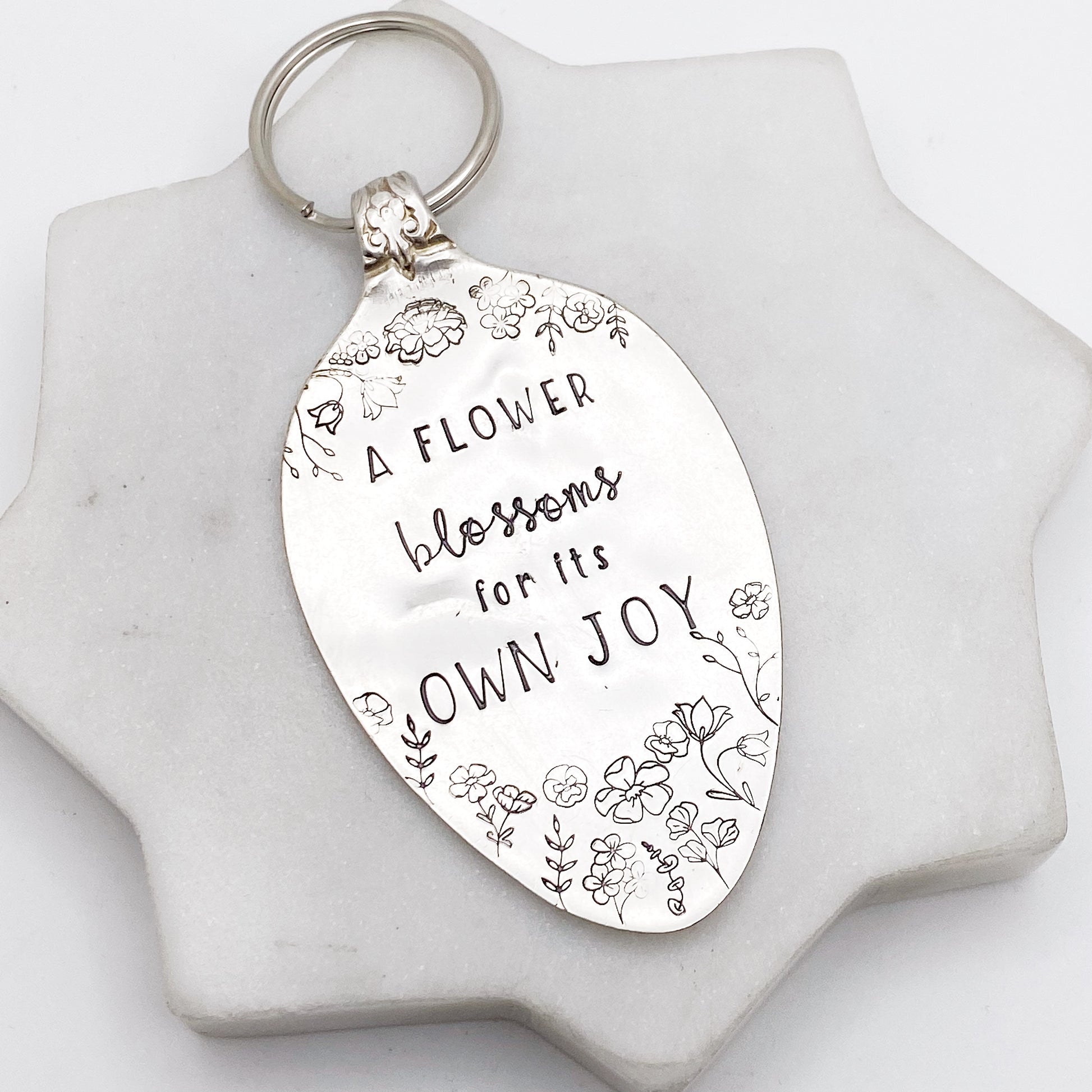 A Flower Blossoms for its Own Joy, Hand Stamped Vintage Spoon Keychain Keychains callistafaye   