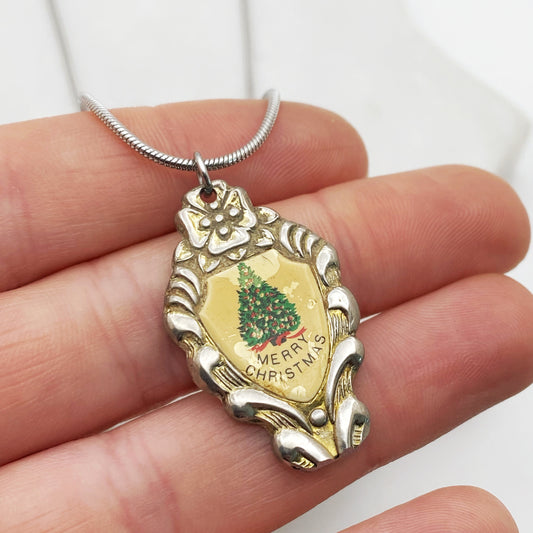 Merry Christmas, Christmas Tree Pendant, Reclaimed Collector's Spoon Necklace, Vintage Souvenir Spoon Jewelry