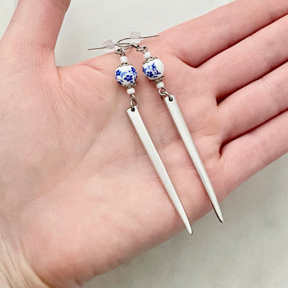 Fork Tine and Bead Drop Earrings (Blue & White Ceramic), Reclaimed Silverware Earrings, Vintage Fork Jewelry Earrings callistafaye   