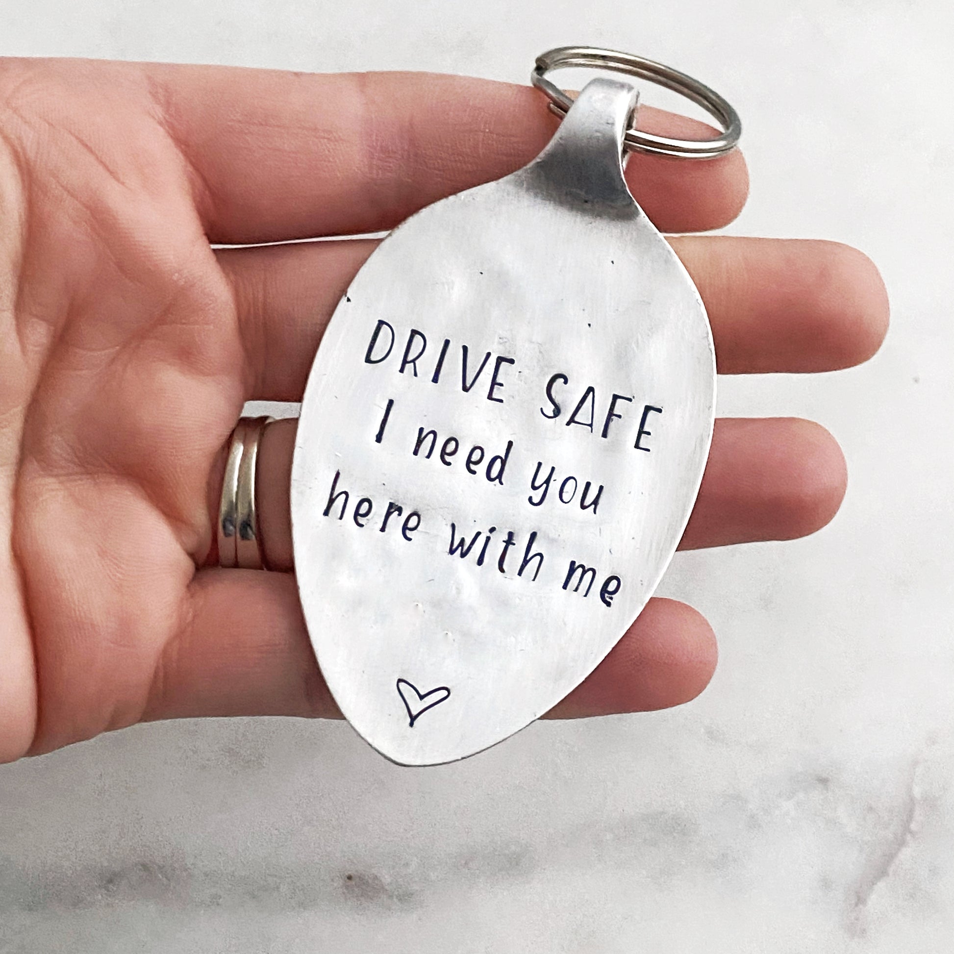 Drive Safe I Need You Here with Me, Hand Stamped Vintage Spoon Keychain Keychains callistafaye   