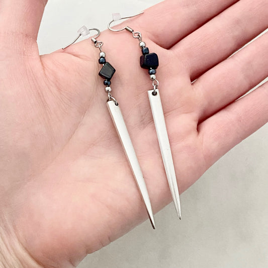 Fork Tine and Bead Drop Earrings (Midnight Blue), Reclaimed Silverware Earrings, Vintage Fork Jewelry