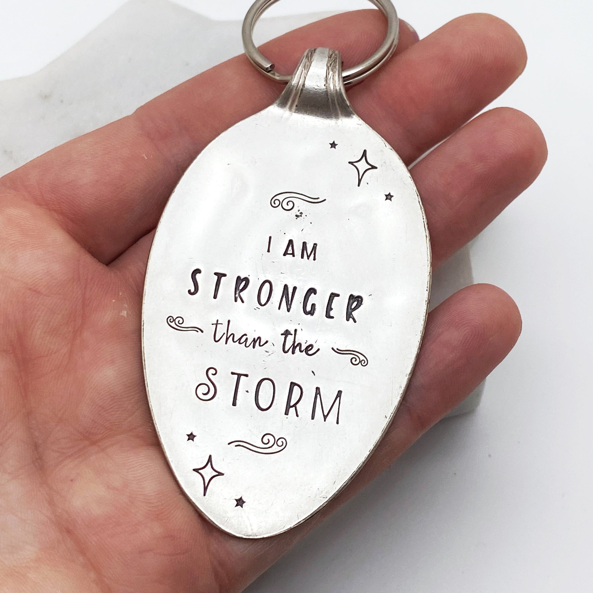 I am Stronger Than the Storm, Hand Stamped Vintage Spoon Keychain Keychains callistafaye   