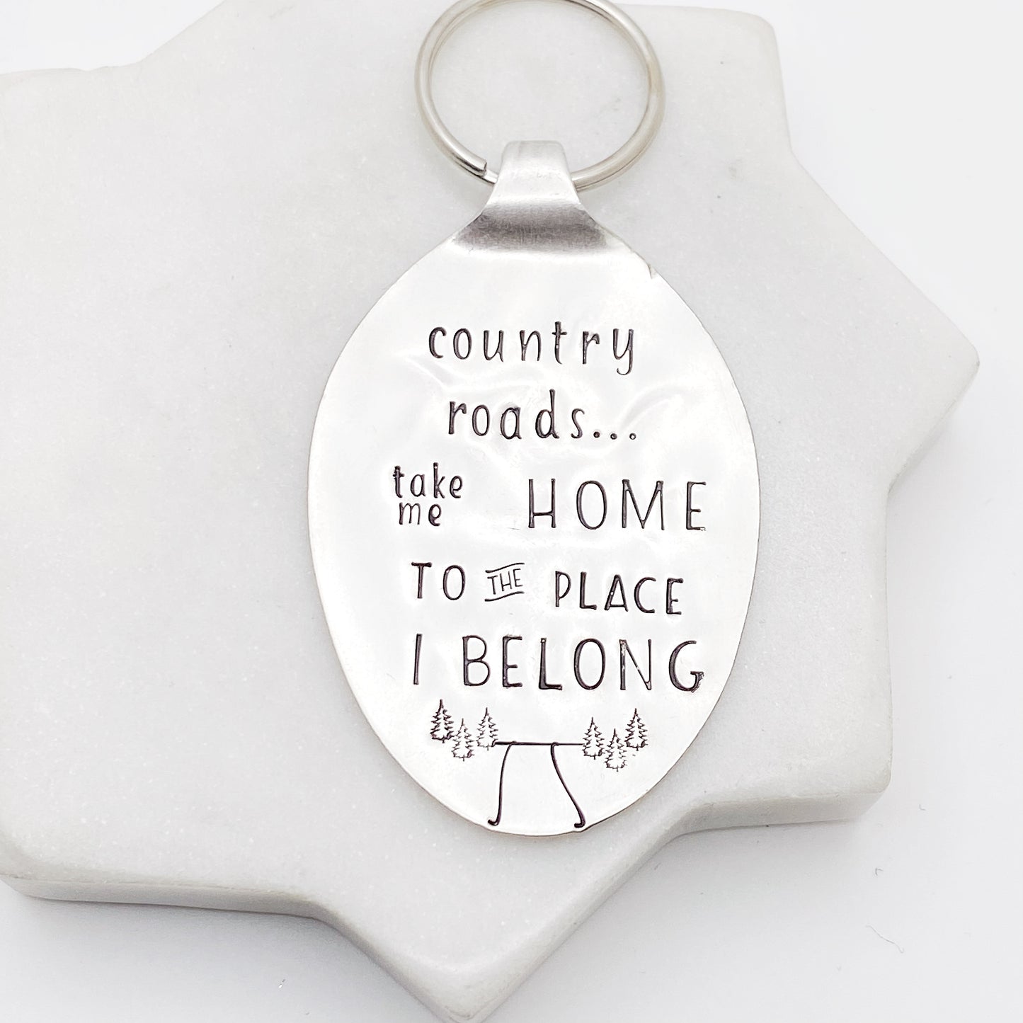 Country Roads Take Me Home, Hand Stamped Vintage Spoon Keychain Keychains callistafaye   