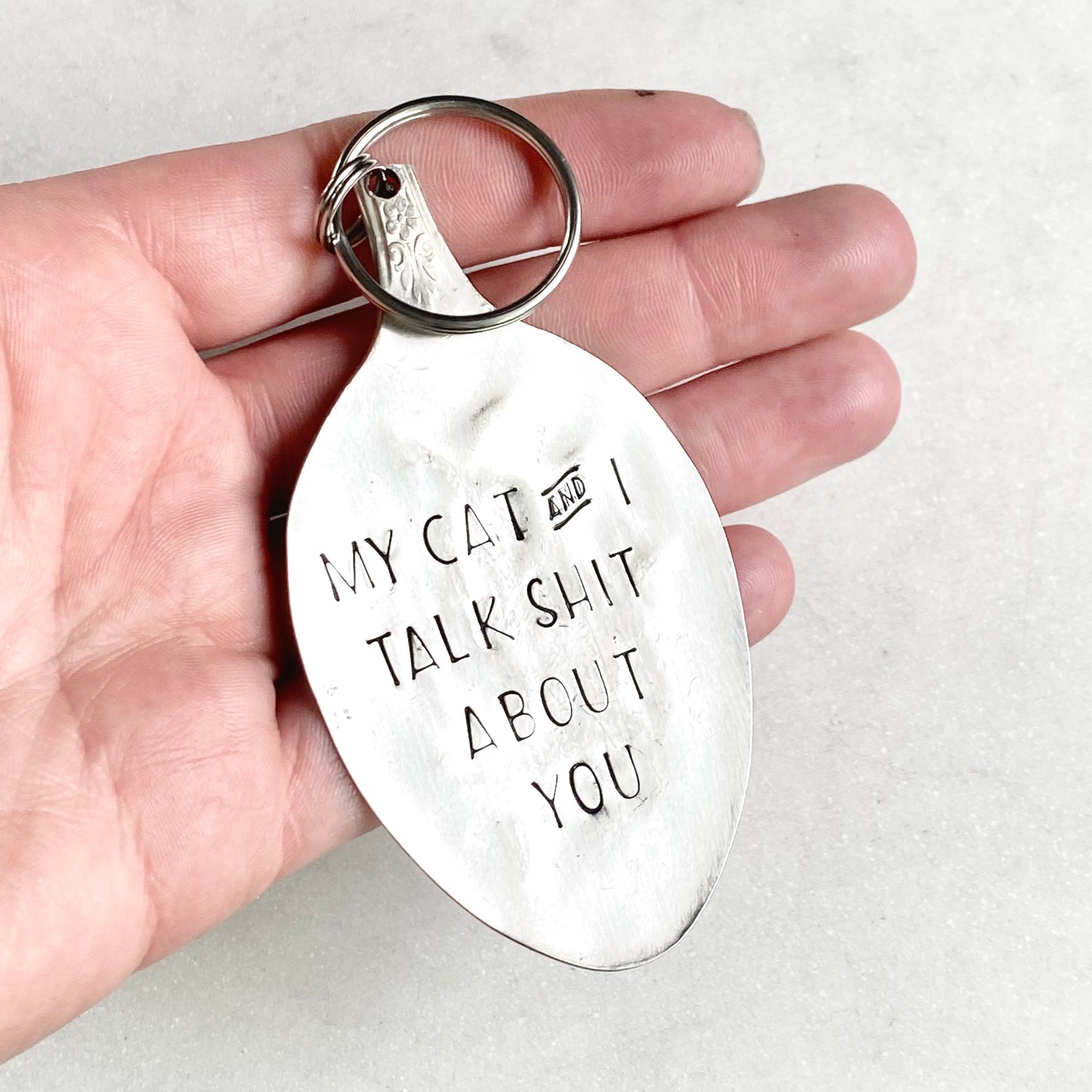 My Cat & I Talk Shit About You, Hand Stamped Vintage Spoon Keychain Keychains callistafaye   