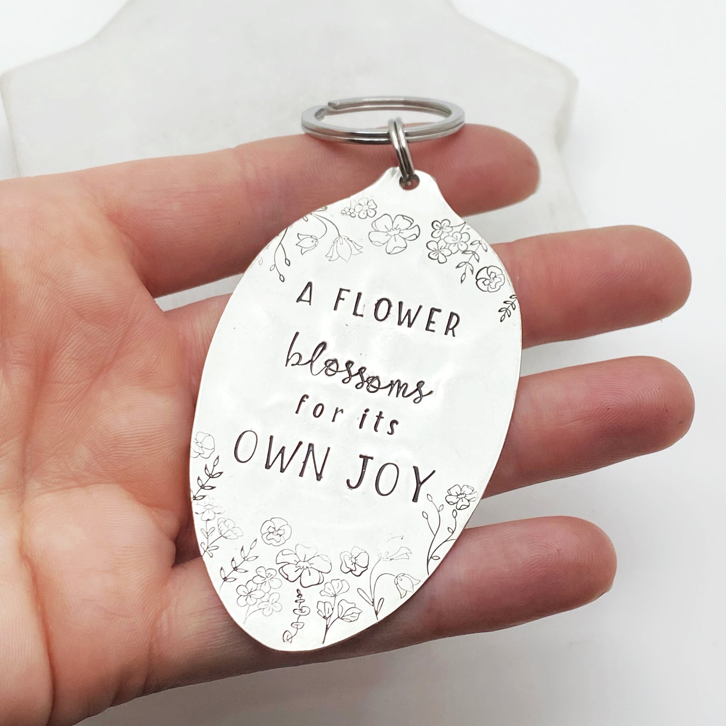 A Flower Blossoms for its Own Joy, Hand Stamped Vintage Spoon Keychain Keychains callistafaye   