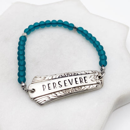 Persevere, Treasure 1940, Frosted Teal Sea Glass, Beaded Silverware Stretch Bracelet, Vintage Spoon Handle, Antique Spoon Bracelet Bracelets callistafaye