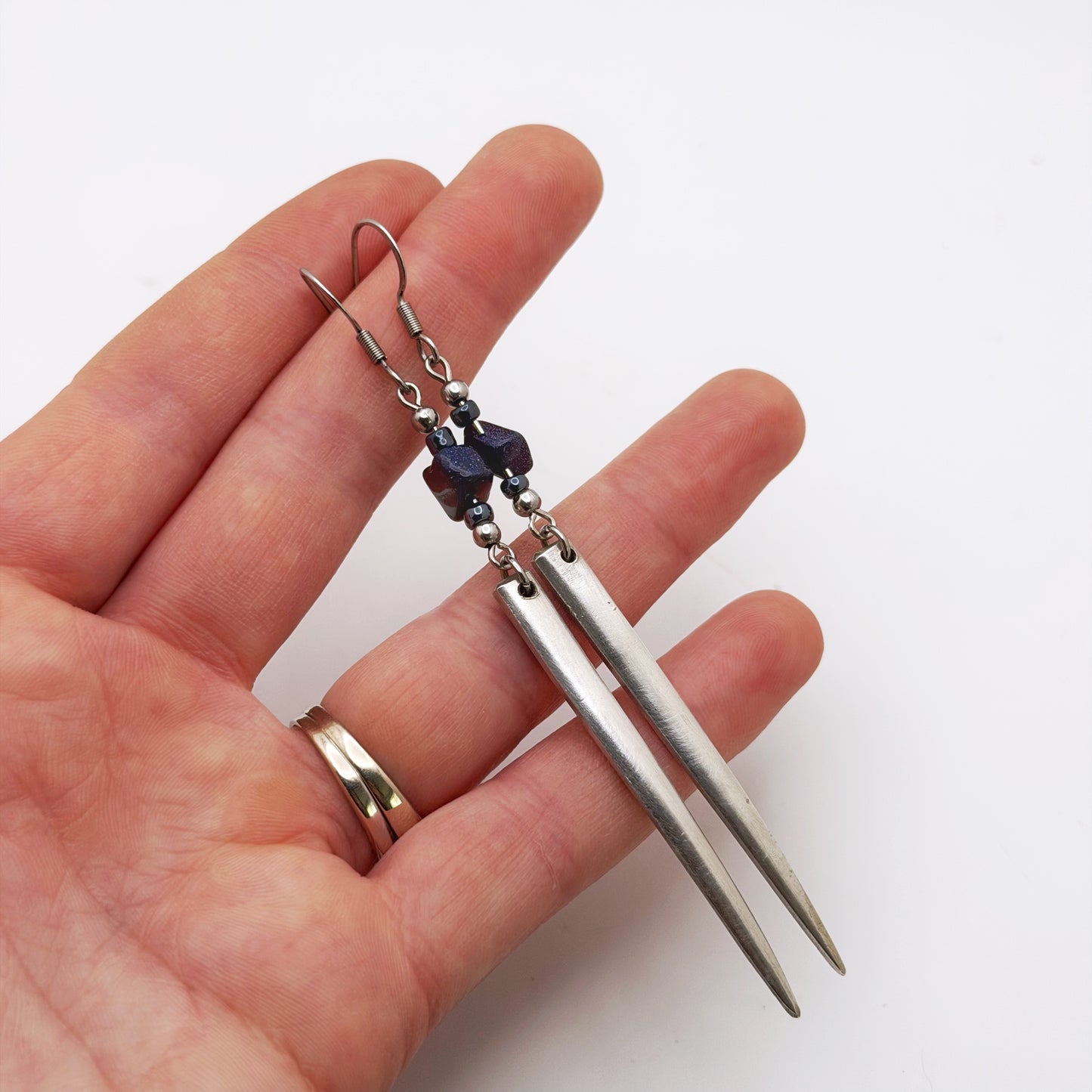 Fork Tine and Bead Drop Earrings (Midnight Blue), Reclaimed Silverware Earrings, Vintage Fork Jewelry