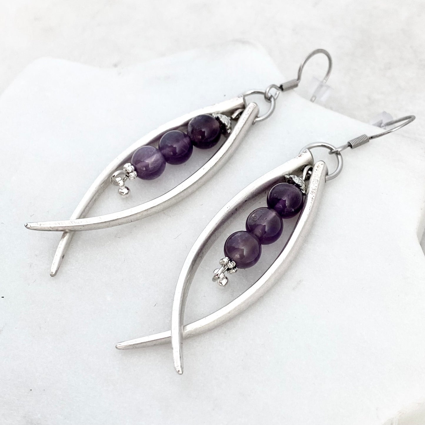 Double Fork Tine and Bead Drop Earrings (Amethyst), Reclaimed Silverware Earrings, Vintage Fork Jewelry Earrings callistafaye   