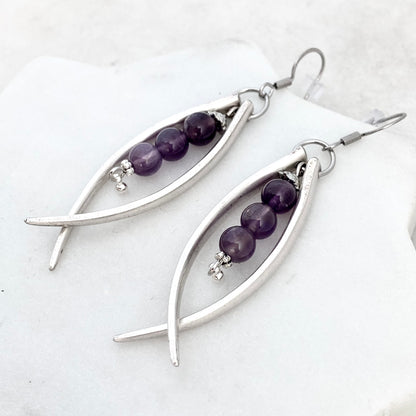 Double Fork Tine and Bead Drop Earrings (Amethyst), Reclaimed Silverware Earrings, Vintage Fork Jewelry Earrings callistafaye   