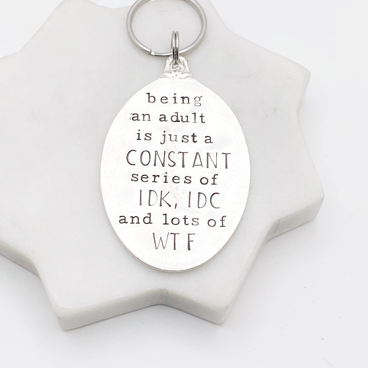 Being an Adult..., Hand Stamped Vintage Spoon Keychain Keychains callistafaye   