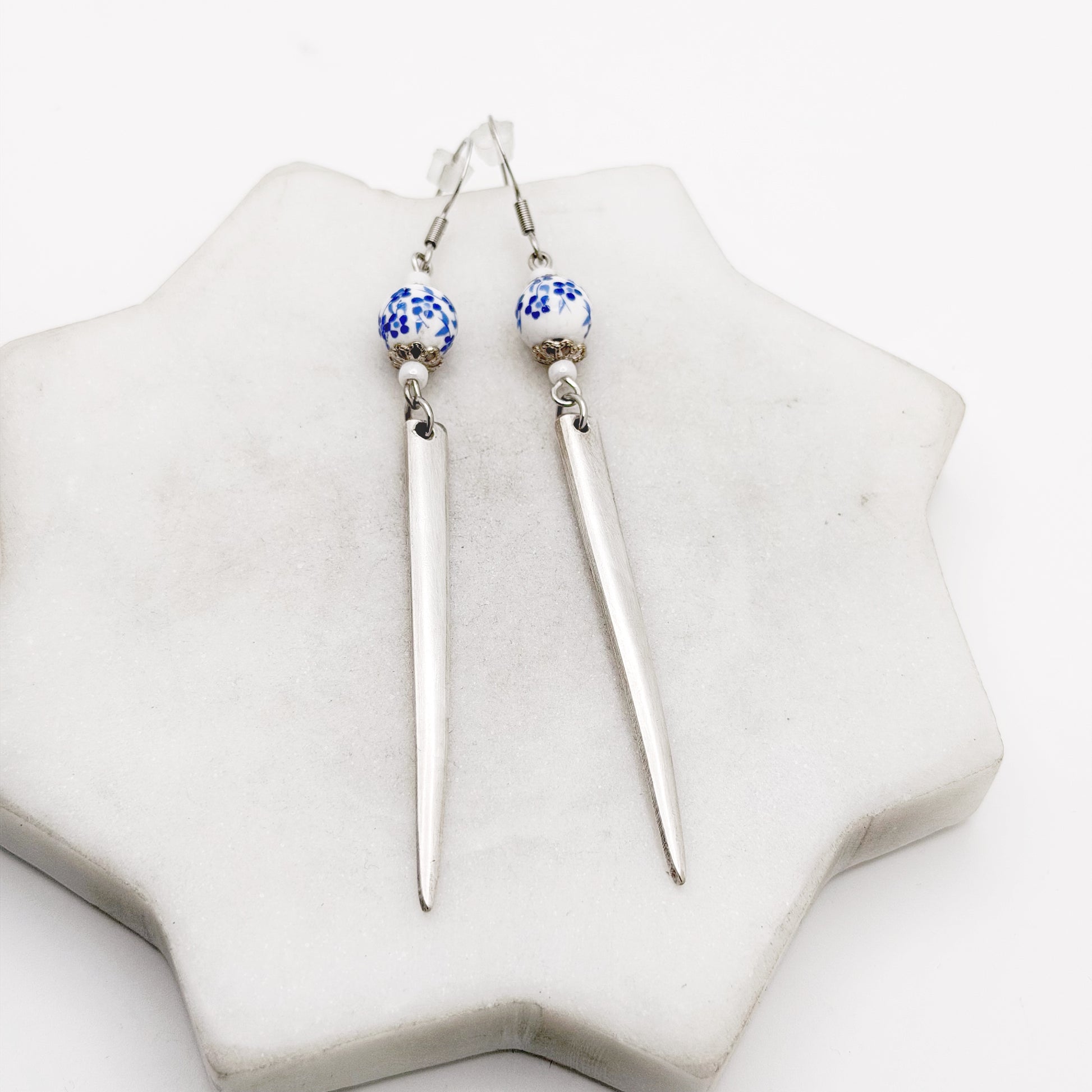 Fork Tine and Bead Drop Earrings (Blue & White Ceramic), Reclaimed Silverware Earrings, Vintage Fork Jewelry Earrings callistafaye