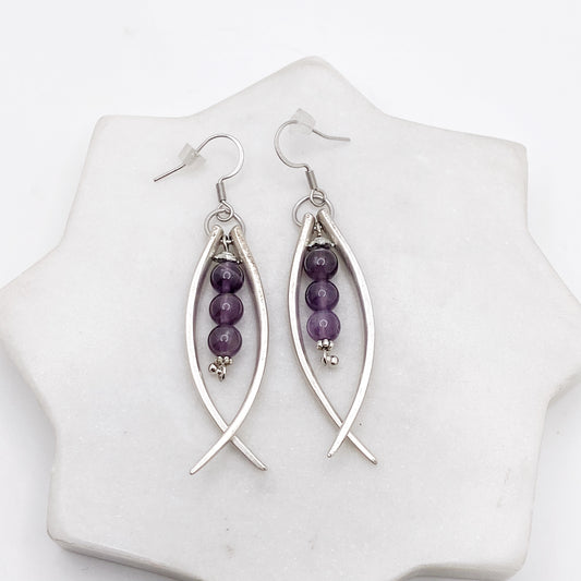 Double Fork Tine and Bead Drop Earrings (Amethyst), Reclaimed Silverware Earrings, Vintage Fork Jewelry Earrings callistafaye   