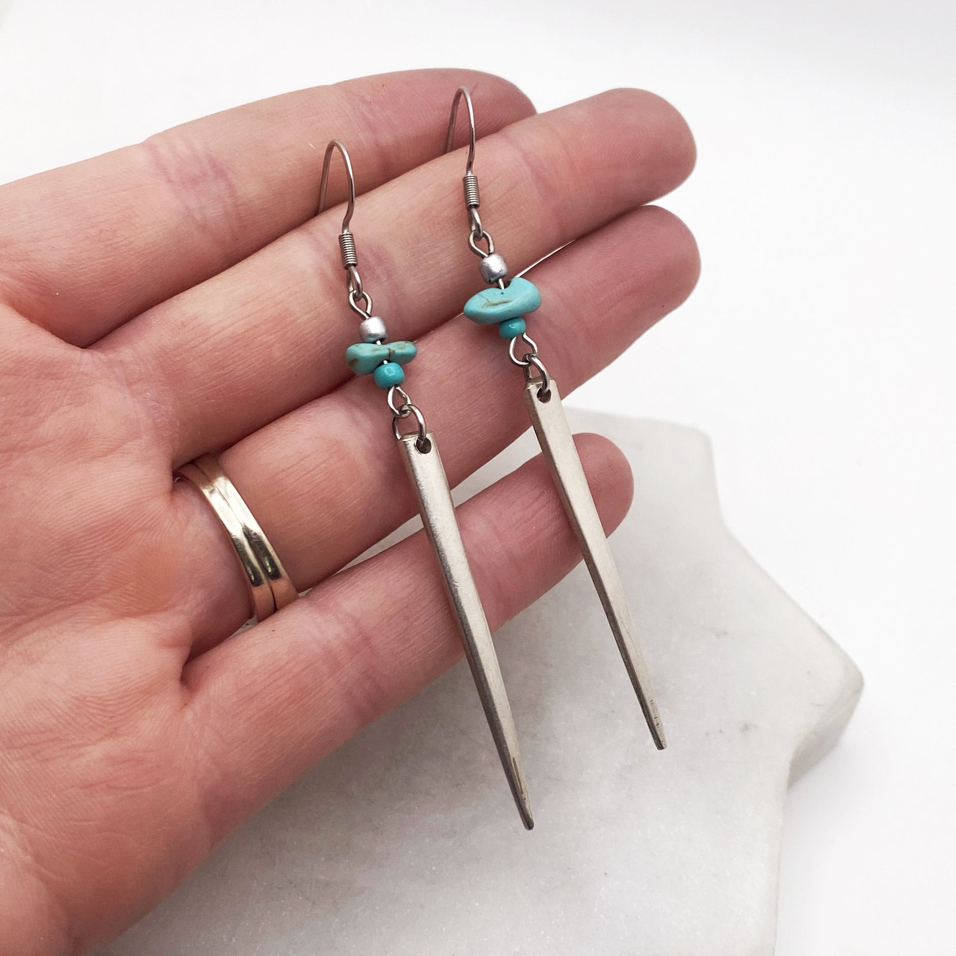 Fork Tine and Bead Drop Earrings (Turquoise), Reclaimed Silverware Earrings, Vintage Fork Jewelry Earrings callistafaye