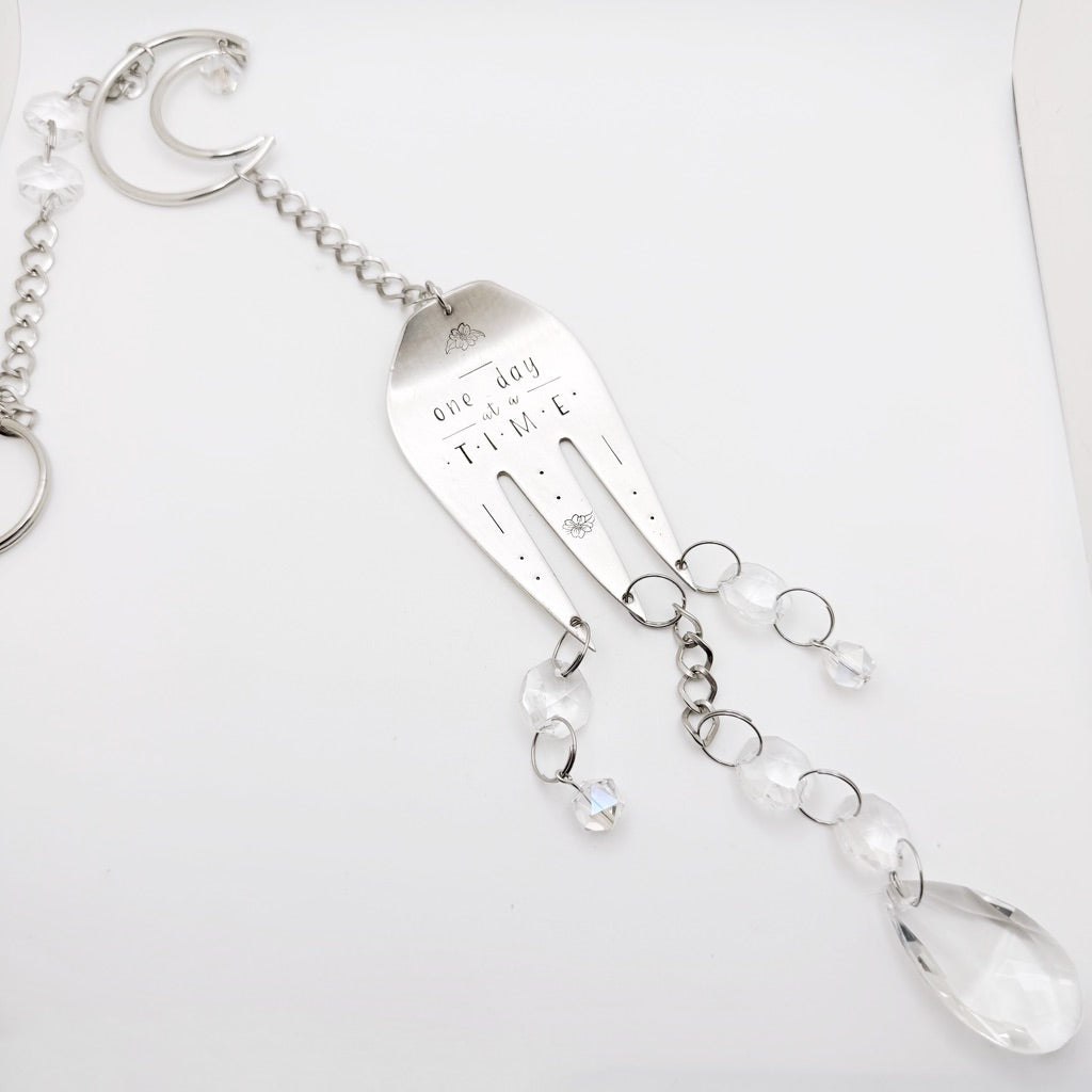 One Day at a Time, Large Sun Catcher Crystal, Vintage Silverware Window Ornament