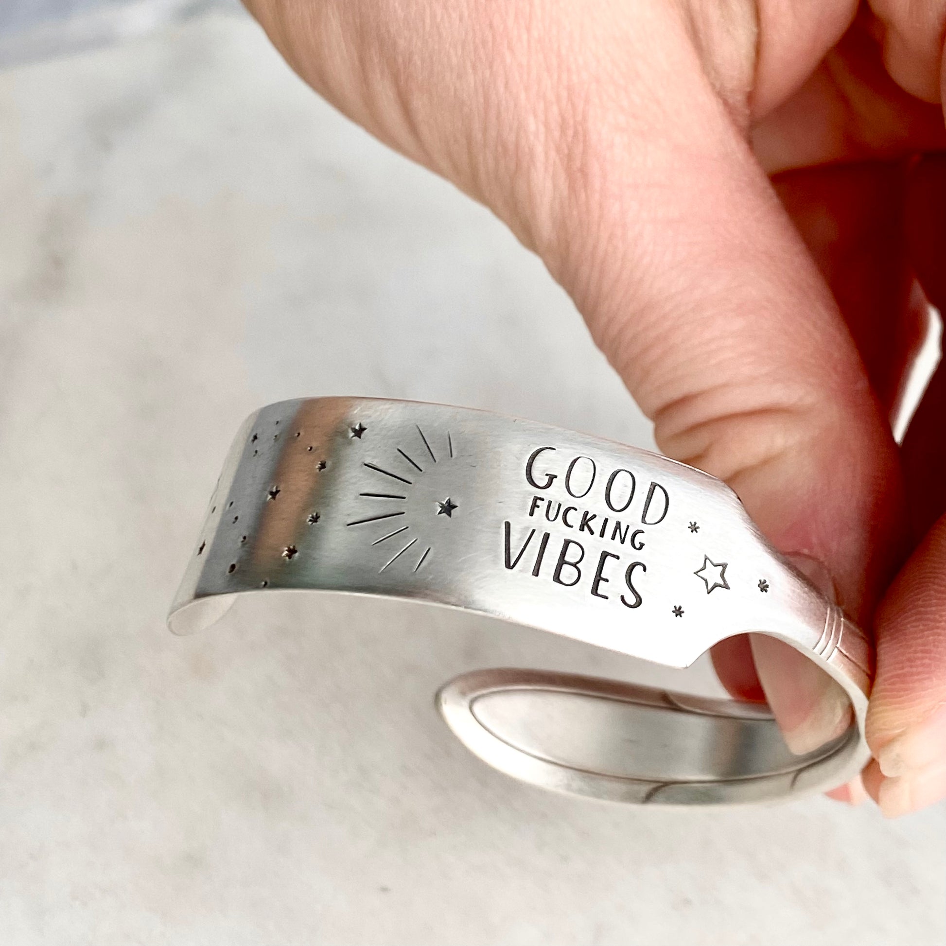 Good Fucking Vibes, Reverie 1937, Cuff Bracelet, Hand Stamped Vintage Spreader Bracelets callistafaye   