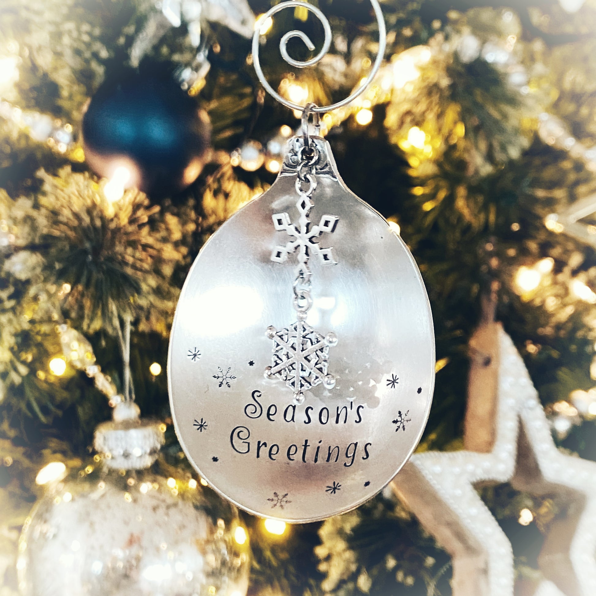 Season's Greetings, Spoon Bowl Ornament, Hand Stamped Vintage Spoon Ornament, Snowflake Ornament Ornaments callistafaye   