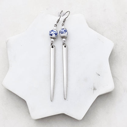 Fork Tine and Bead Drop Earrings (Blue & White Ceramic), Reclaimed Silverware Earrings, Vintage Fork Jewelry Earrings callistafaye   