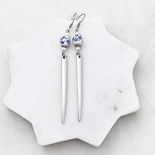 Fork Tine and Bead Drop Earrings (Blue & White Ceramic), Reclaimed Silverware Earrings, Vintage Fork Jewelry
