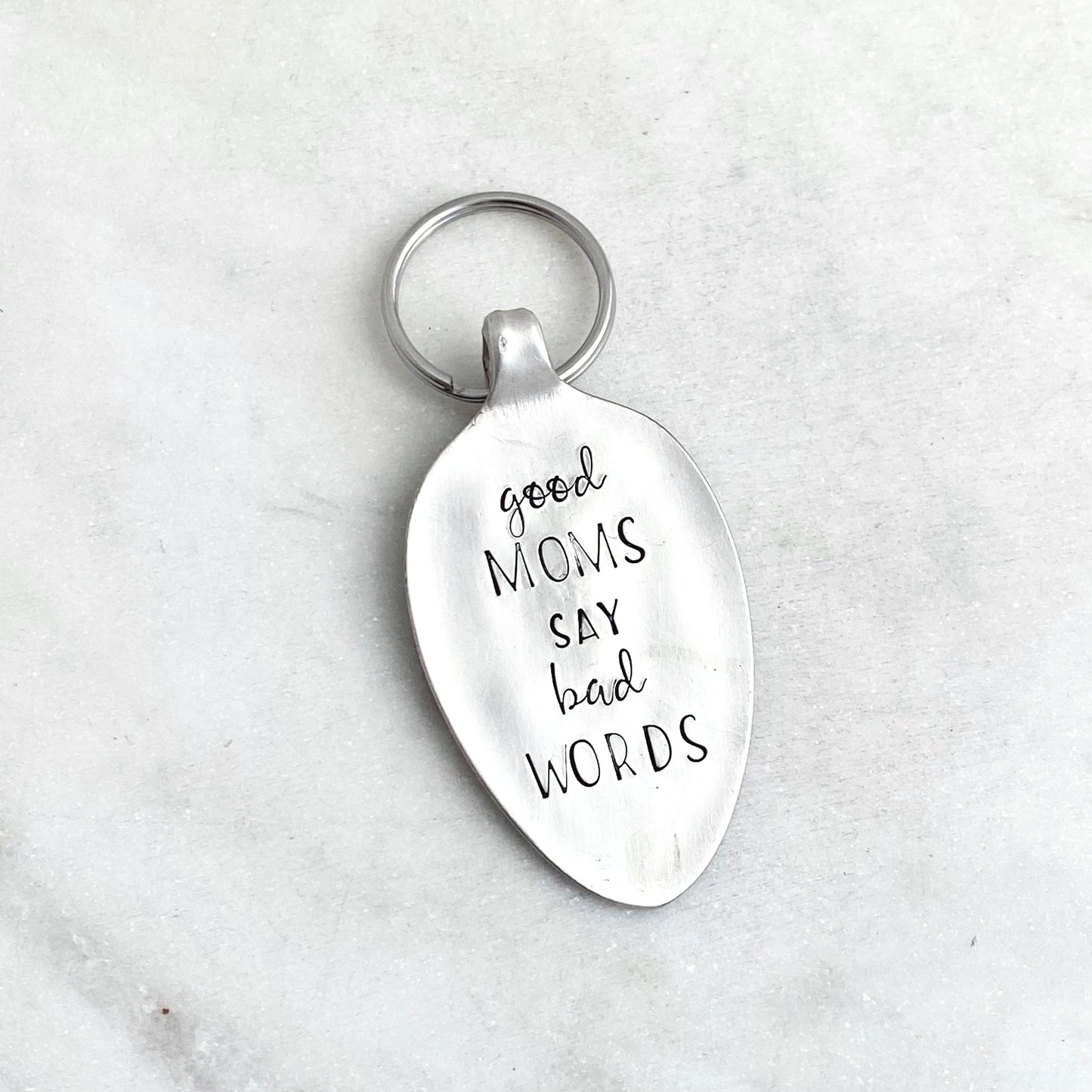 Good Moms Say Bad Words, Hand Stamped Vintage Spoon Keychain Keychains callistafaye   