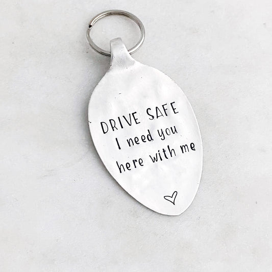 Drive Safe I Need You Here with Me, Hand Stamped Vintage Spoon Keychain Keychains callistafaye   