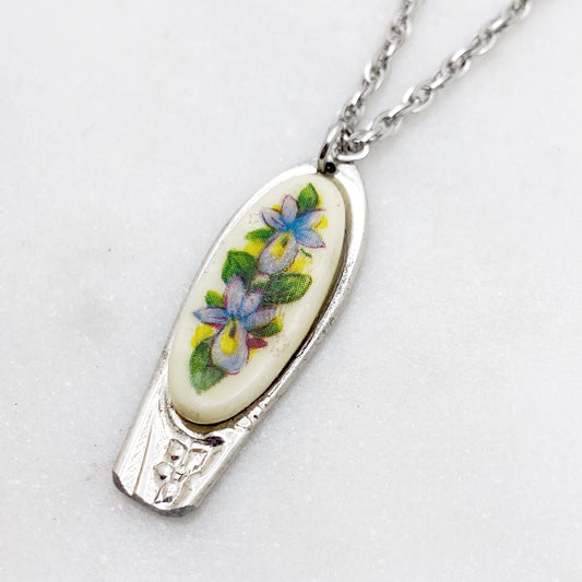 Iris Pendant, February Birth Month, Reclaimed Collector's Spoon Necklace, Vintage Souvenir Spoon Jewelry