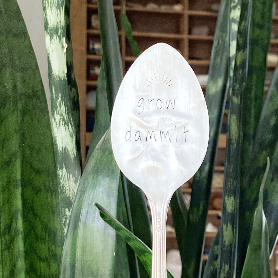 Grow Dammit, Plant Marker, Vintage Spoon Plant Stake, Hand Stamped Houseplant Decor Plant Stake callistafaye