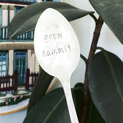 Grow Dammit, Plant Marker, Vintage Spoon Plant Stake, Hand Stamped Houseplant Decor Plant Stake callistafaye