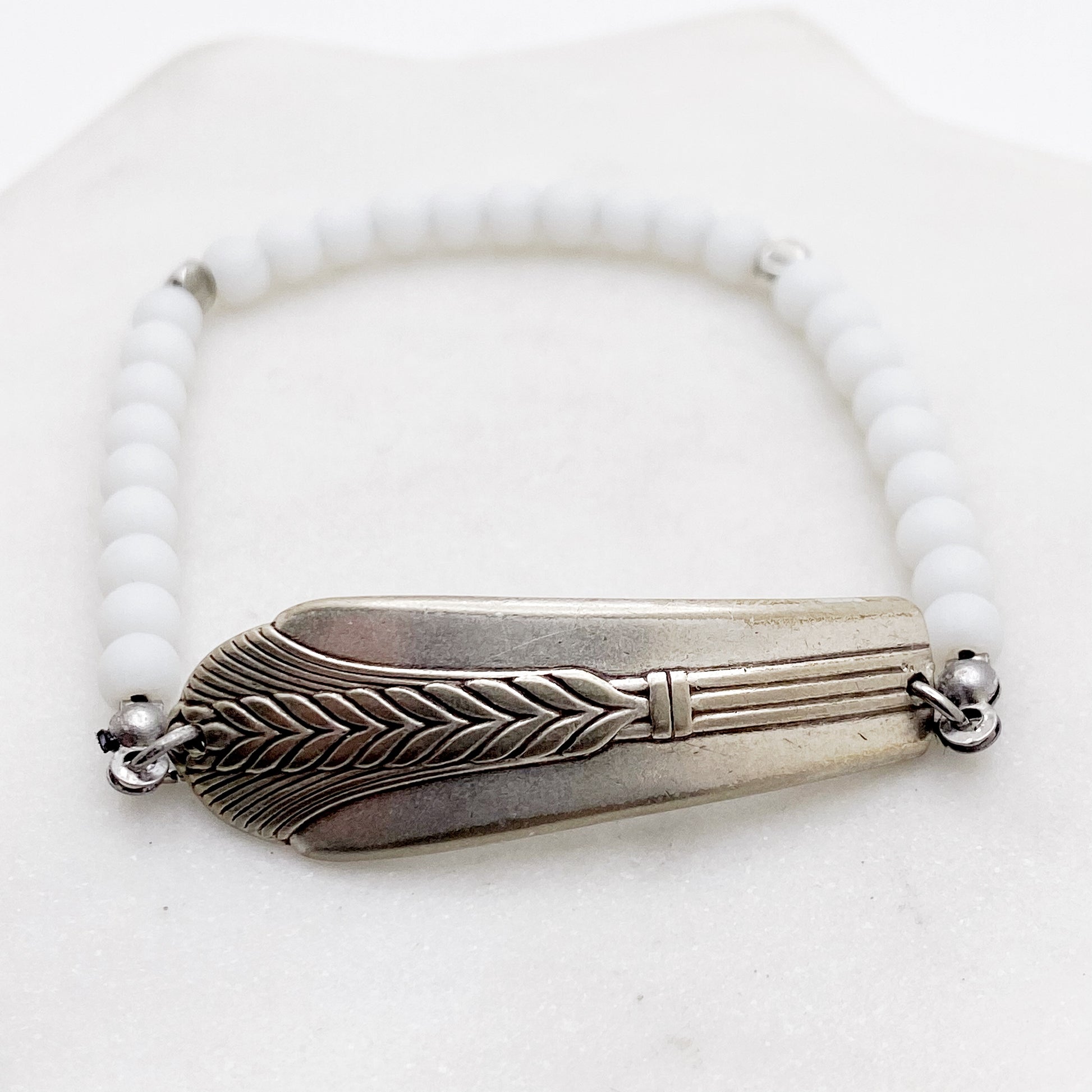 Allure 1939, White Sea Glass, Beaded Silverware Stretch Bracelet, Vintage Spoon Handle, Antique Spoon Bracelet Bracelets callistafaye   