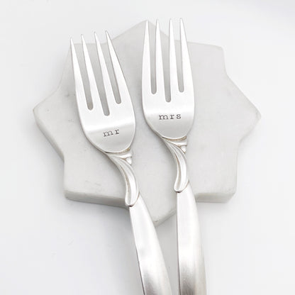 Mr & Mrs, Wedding Fork SET, Hand Stamped Vintage Fork Forks callistafaye   