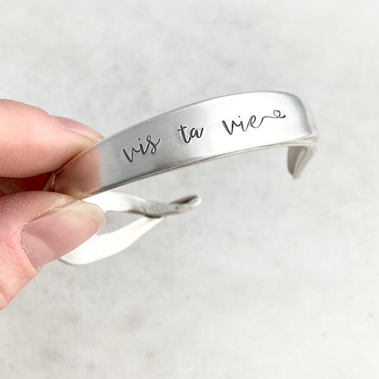 Vis ta Vie, Flair 1956, Cocktail Fork Cuff Bracelet, Hand Stamped Vintage Seafood Fork Bracelets callistafaye   