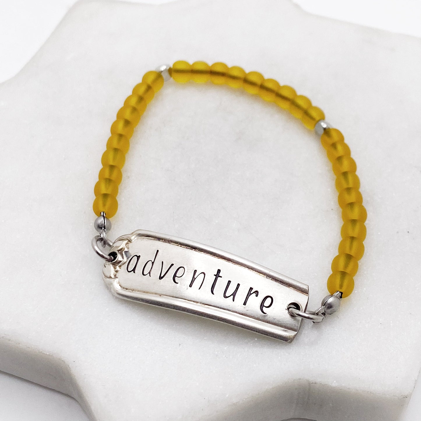 Custom Sea Glass, Personalized Beaded Silverware Stretch Bracelet, Vintage Spoon Handle, Antique Spoon Bracelet