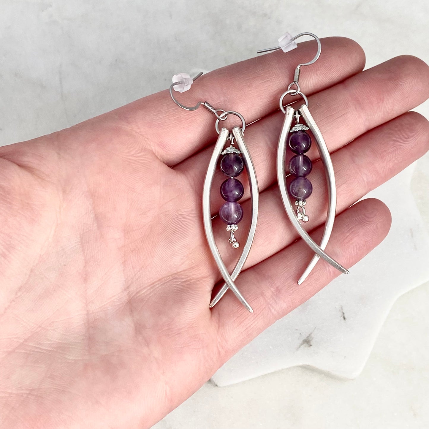 Double Fork Tine and Bead Drop Earrings (Amethyst), Reclaimed Silverware Earrings, Vintage Fork Jewelry Earrings callistafaye   