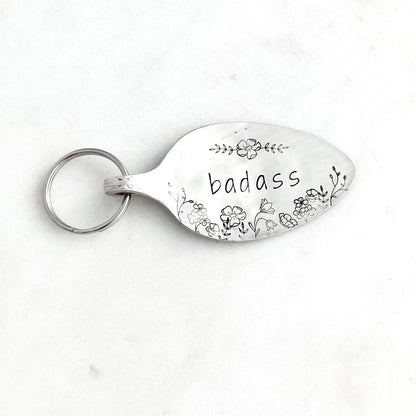 Badass Floral, Hand Stamped Vintage Spoon Keychain Keychains callistafaye   