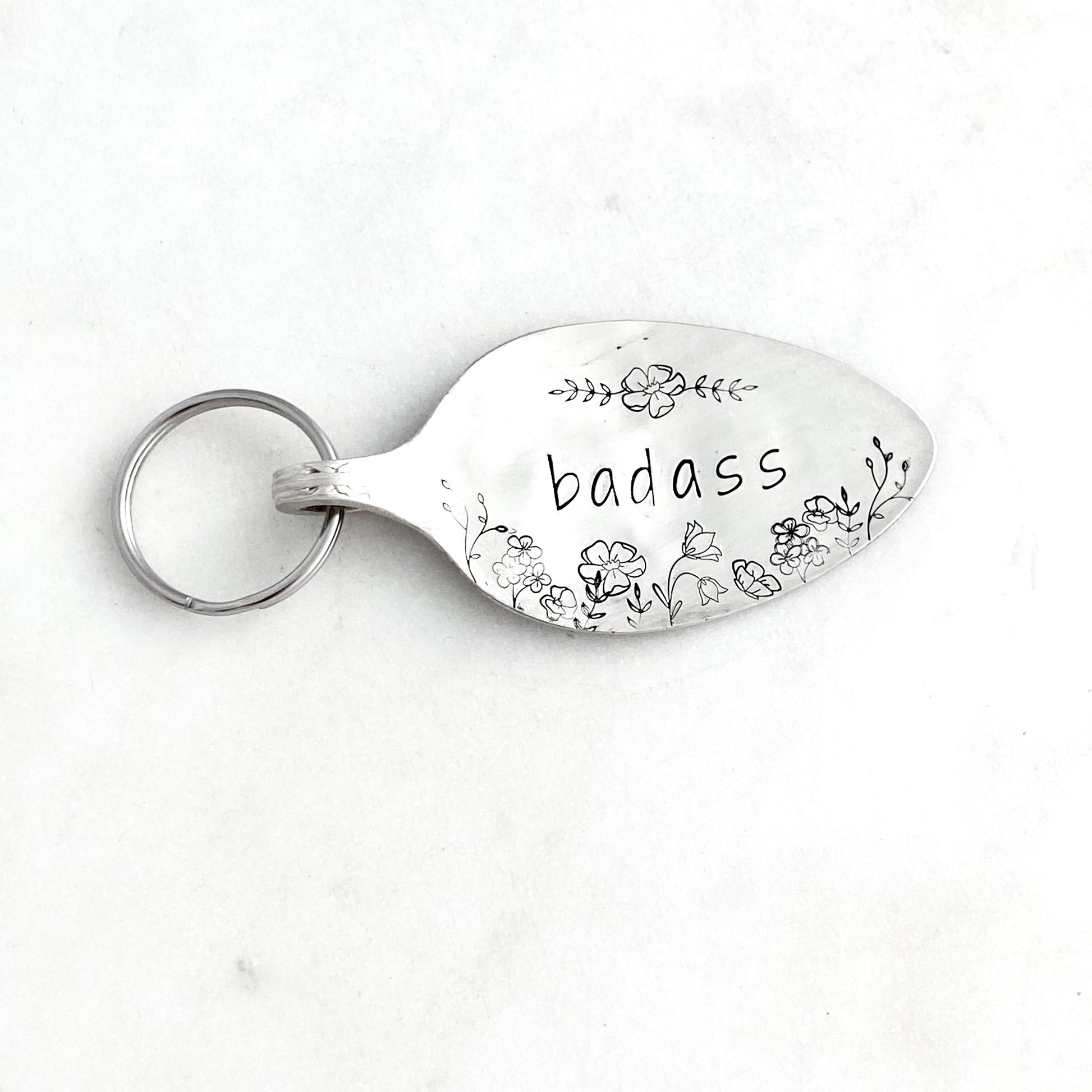 Badass Floral, Hand Stamped Vintage Spoon Keychain Keychains callistafaye   