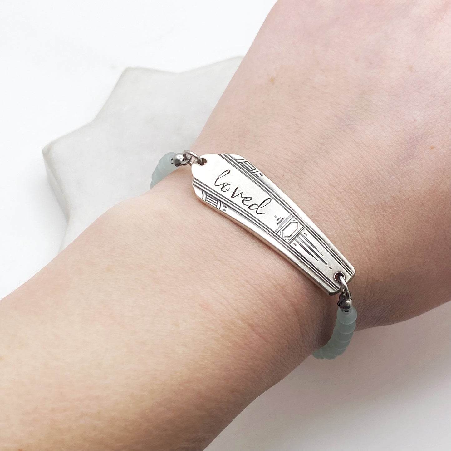 Custom Sea Glass, Personalized Beaded Silverware Stretch Bracelet, Vintage Spoon Handle, Antique Spoon Bracelet