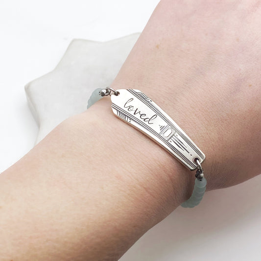 Custom Sea Glass, Personalized Beaded Silverware Stretch Bracelet, Vintage Spoon Handle, Antique Spoon Bracelet