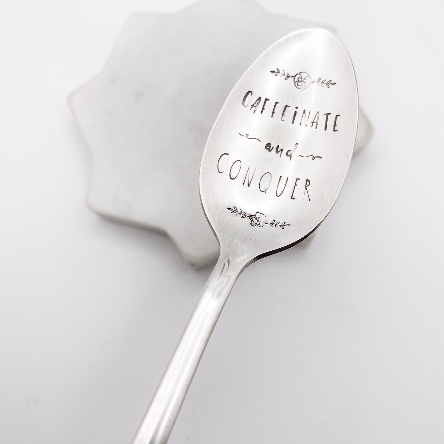 Caffeinate and Conquer, Hand Stamped Vintage Spoon Spoons callistafaye   