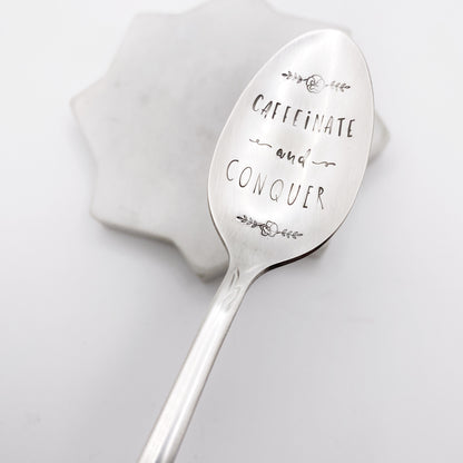 Caffeinate and Conquer, Hand Stamped Vintage Spoon Spoons callistafaye   