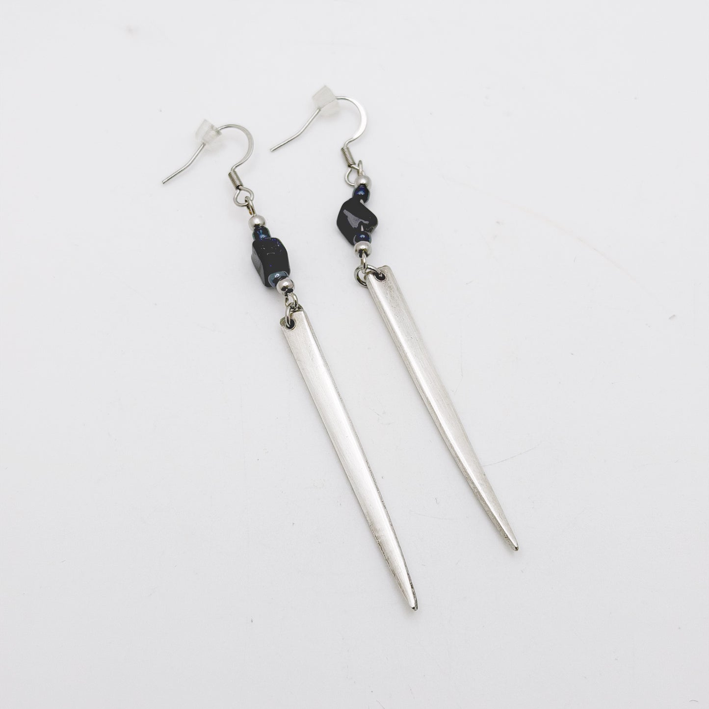 Fork Tine and Bead Drop Earrings (Midnight Blue), Reclaimed Silverware Earrings, Vintage Fork Jewelry