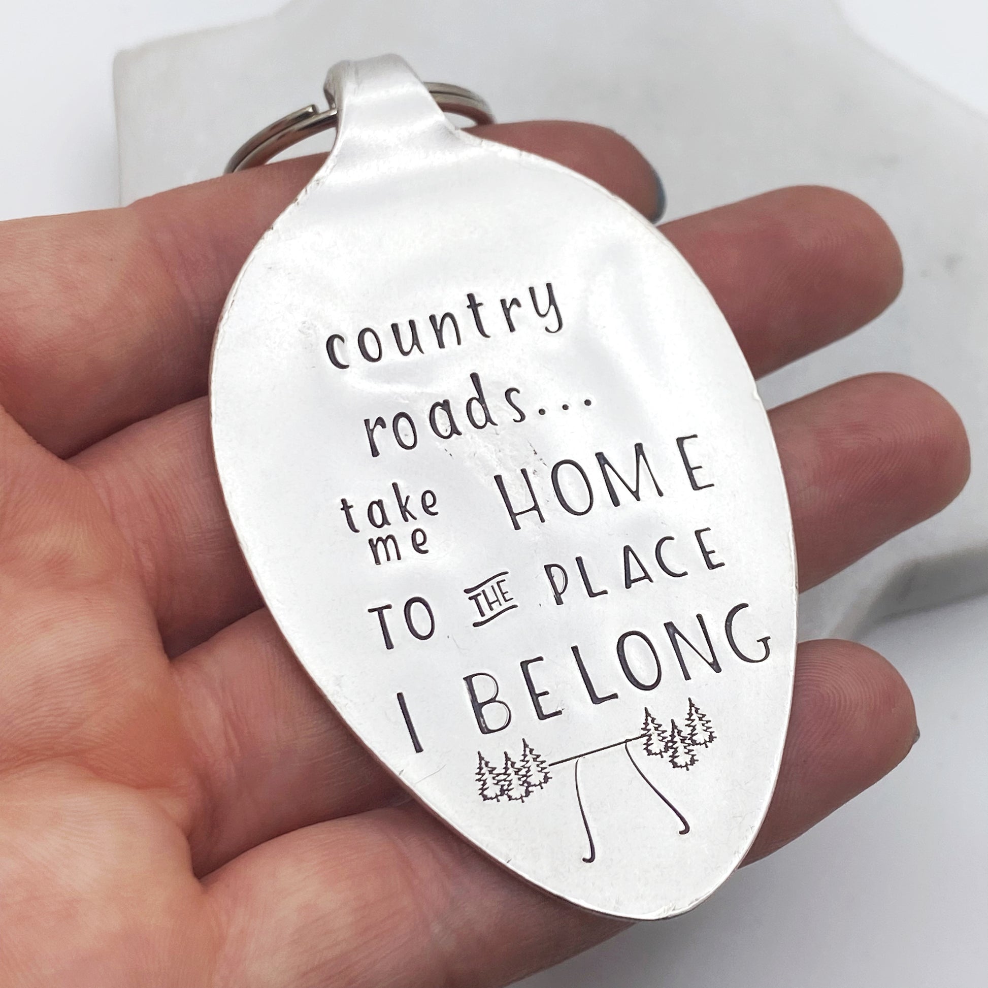 Country Roads Take Me Home, Hand Stamped Vintage Spoon Keychain Keychains callistafaye   