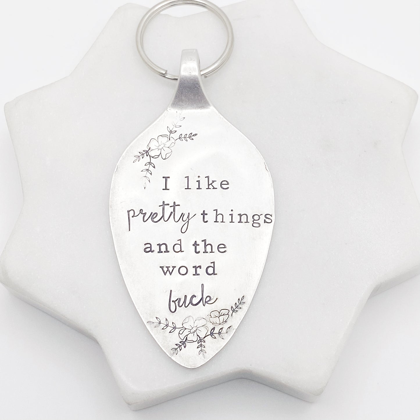 I Like Pretty Things and the Word Fuck, Hand Stamped Vintage Spoon Keychain Keychains callistafaye   