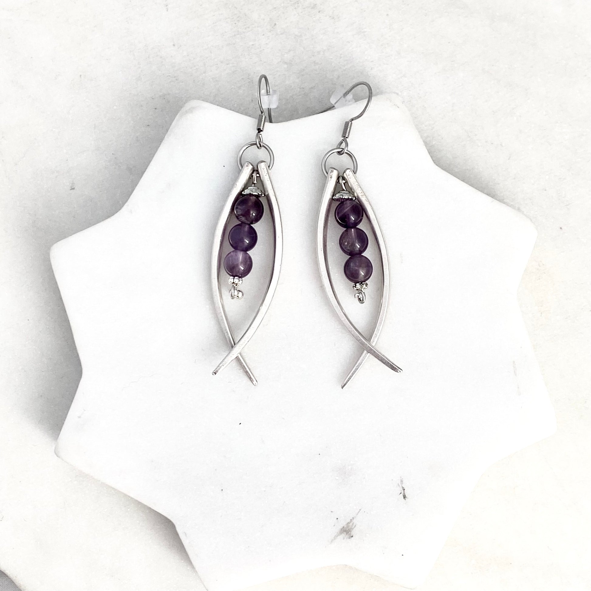 Double Fork Tine and Bead Drop Earrings (Amethyst), Reclaimed Silverware Earrings, Vintage Fork Jewelry Earrings callistafaye   