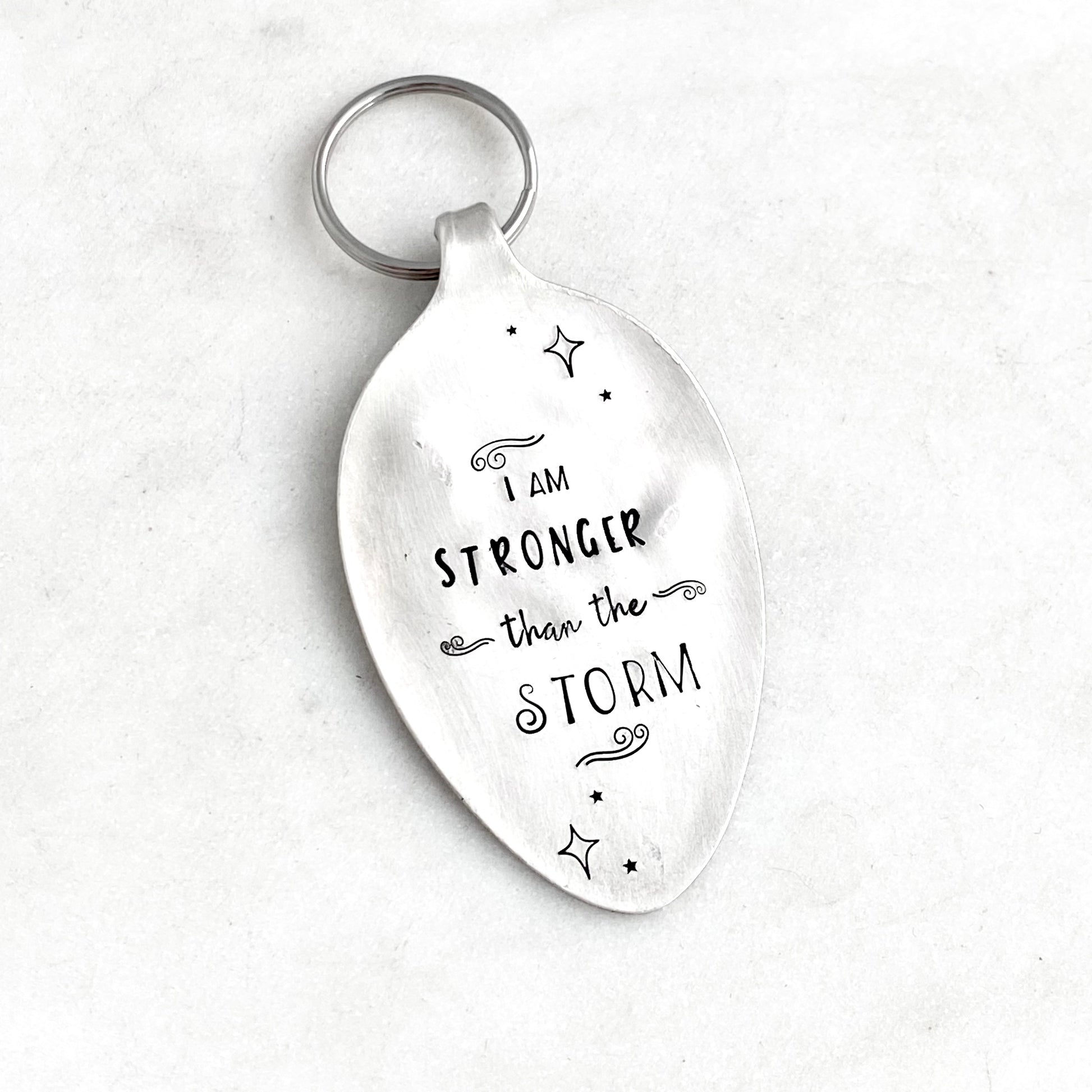 I am Stronger Than the Storm, Hand Stamped Vintage Spoon Keychain Keychains callistafaye   