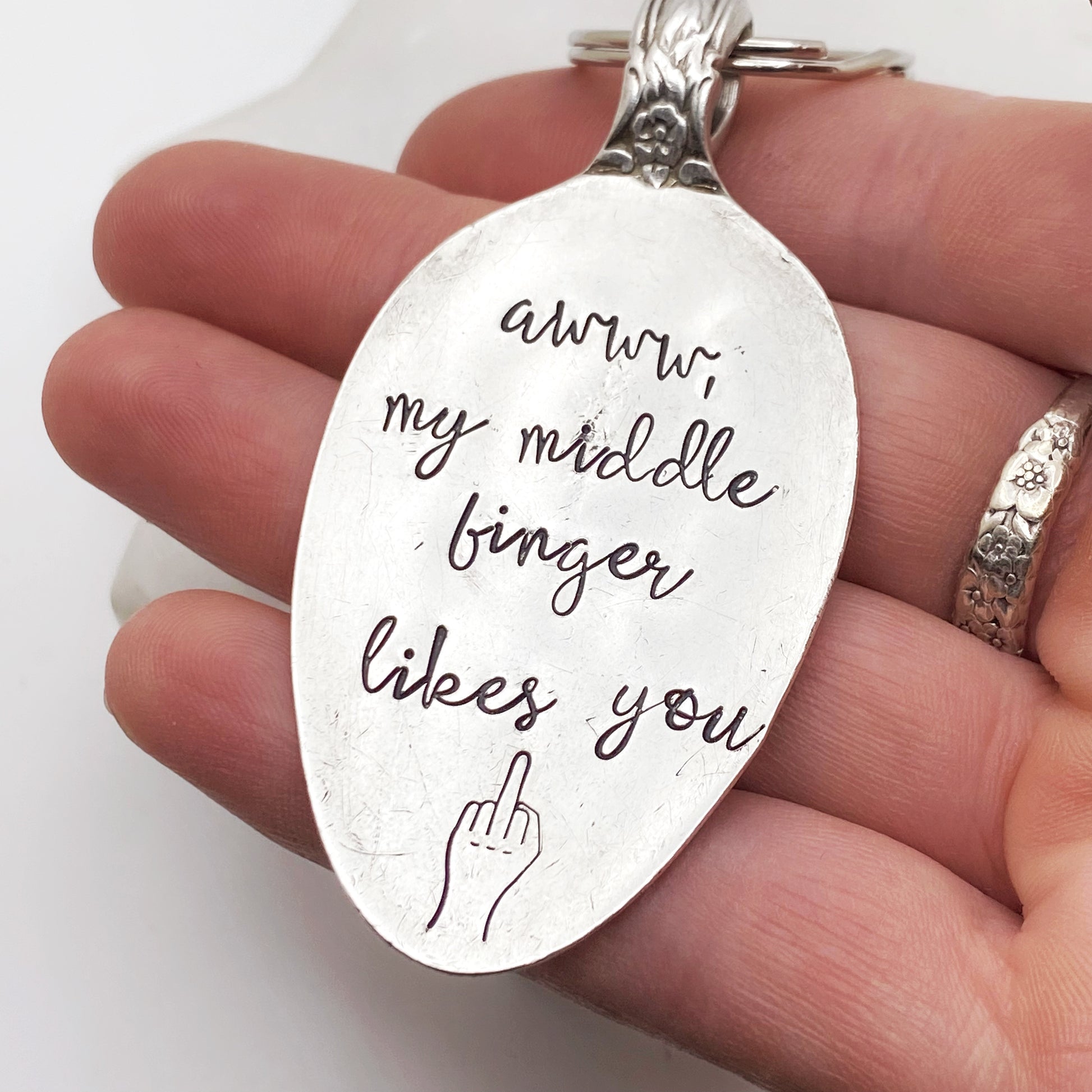 Awww My Middle Finger Likes You, Hand Stamped Vintage Spoon Keychain Keychains callistafaye   