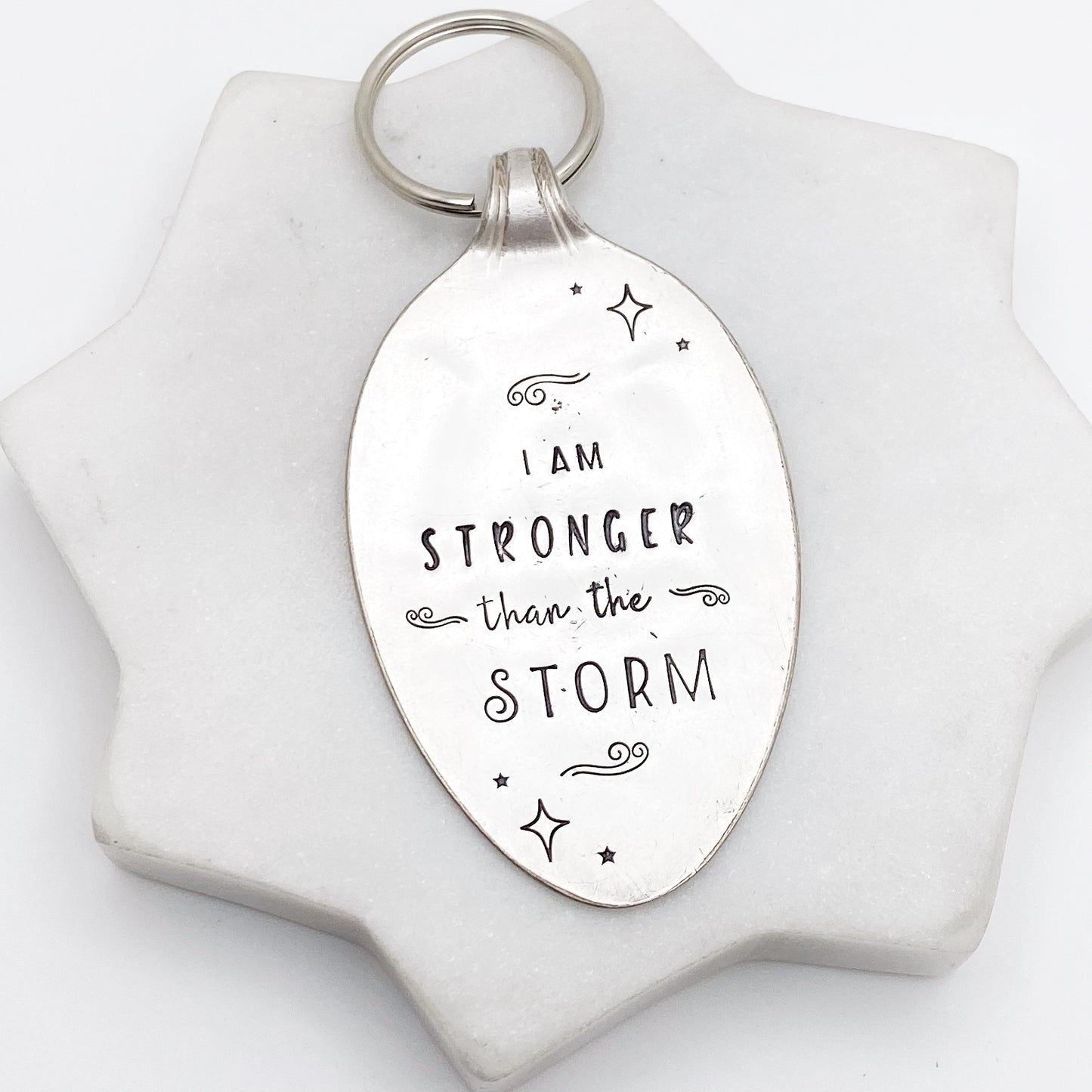 I am Stronger Than the Storm, Hand Stamped Vintage Spoon Keychain Keychains callistafaye   