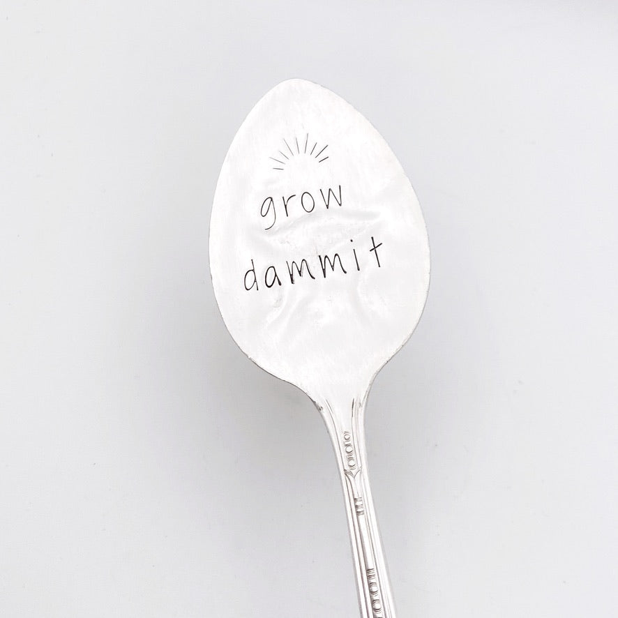 Grow Dammit, Plant Marker, Vintage Spoon Plant Stake, Hand Stamped Houseplant Decor Plant Stake callistafaye